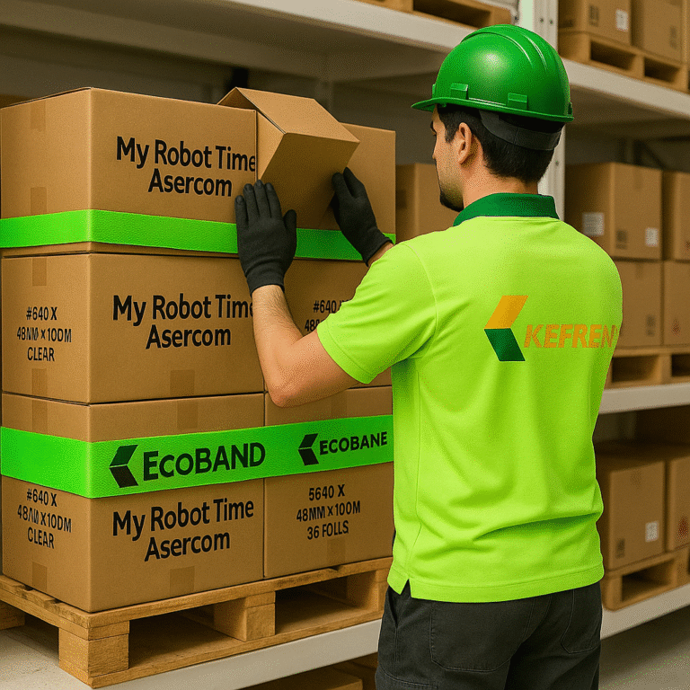 trabajador asegurando palet en bodega